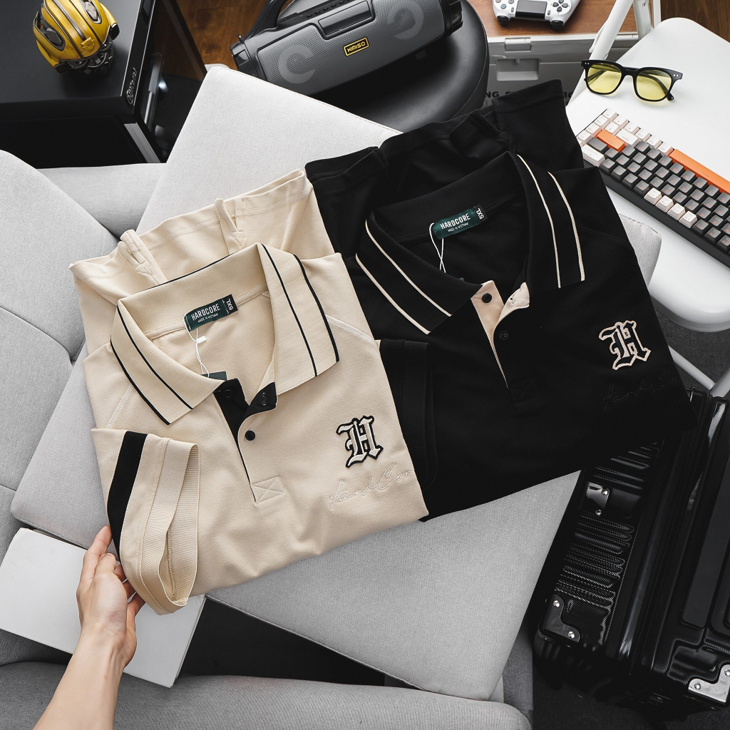 Big Men - Áo thun polo big size phối cổ, phối tay vải cá sấu thêu chữ H <135kg