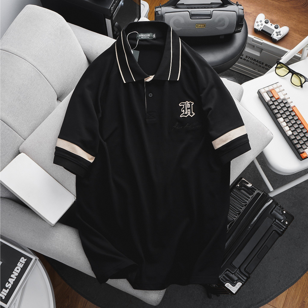 Big Men - Áo thun polo big size phối cổ, phối tay vải cá sấu thêu chữ H <135kg