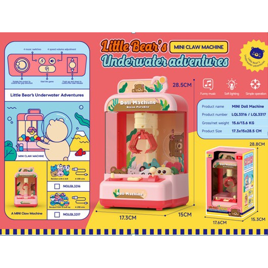 Máy Gắp Thú Bông Mini Có Nhạc Và Đèn Cho Bé. Tặng Kèm 10 Gấu Bông, 10 bóng Cho Bé