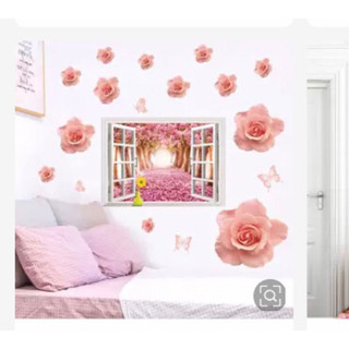 Decal dán tường, Sticker dán tường Decor phòng ngủ cửa sổ và hoa hồng phấn