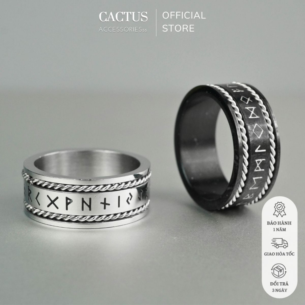 Nhẫn khắc kí tự cổ ngữ, nhẫn rune nam nữ rune tròn thép titan không gỉ - Cactus Accessoriesss