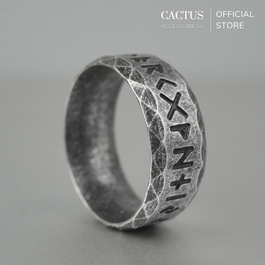 Nhẫn khắc kí tự cổ ngữ, nhẫn Rune tròn vát cạnh thép titan không gỉ - Cactus Accessoriesss