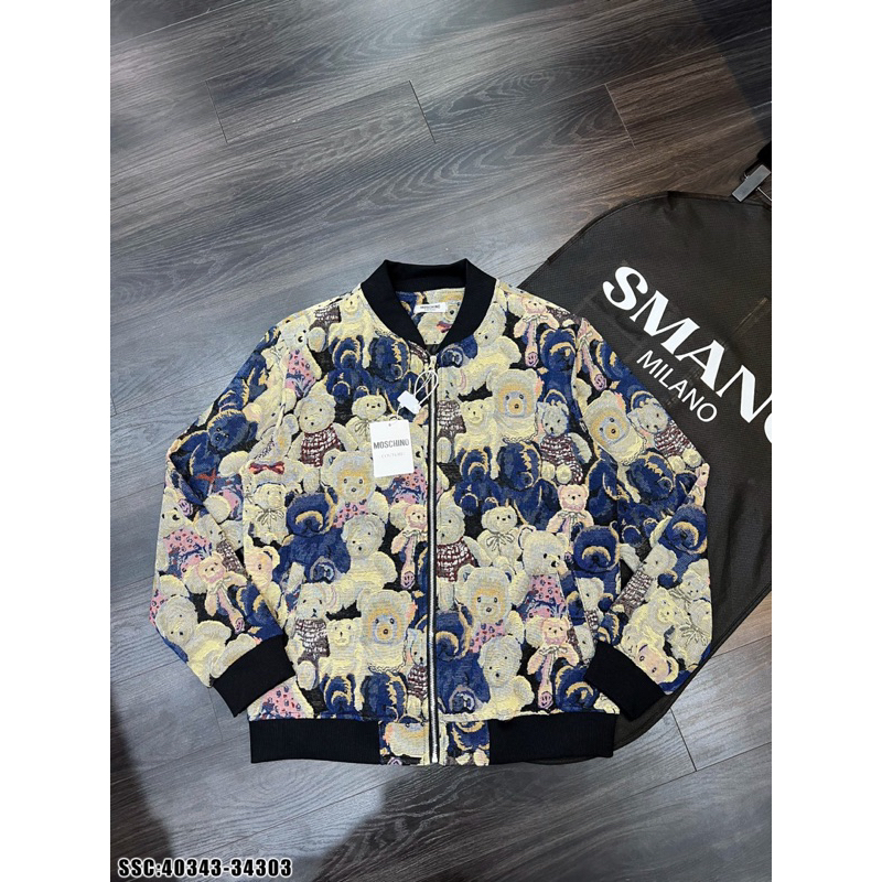 Áo khoác teddy gấu dệt hình 3D monogram,áo khoác bomber teddy gấu xám bản 2 lớp mới