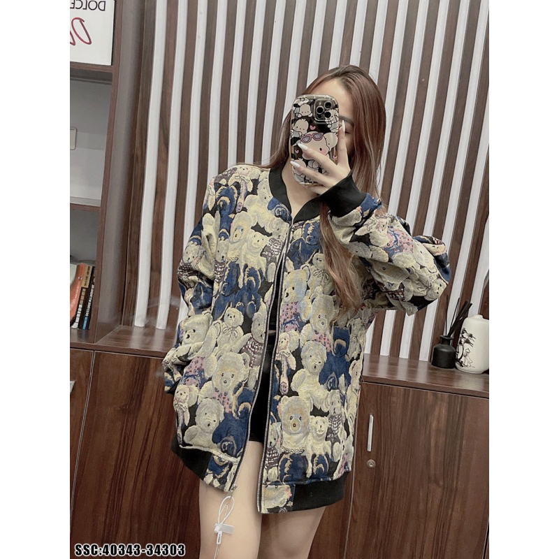 Áo khoác teddy gấu dệt hình 3D monogram,áo khoác bomber teddy gấu xám bản 2 lớp mới