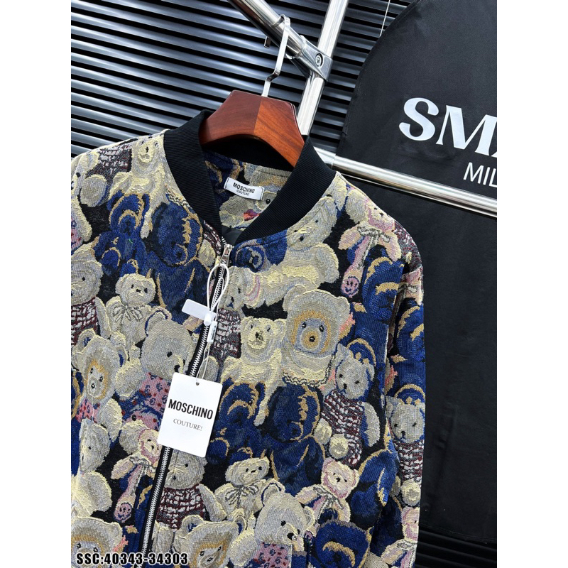 Áo khoác teddy gấu dệt hình 3D monogram,áo khoác bomber teddy gấu xám bản 2 lớp mới