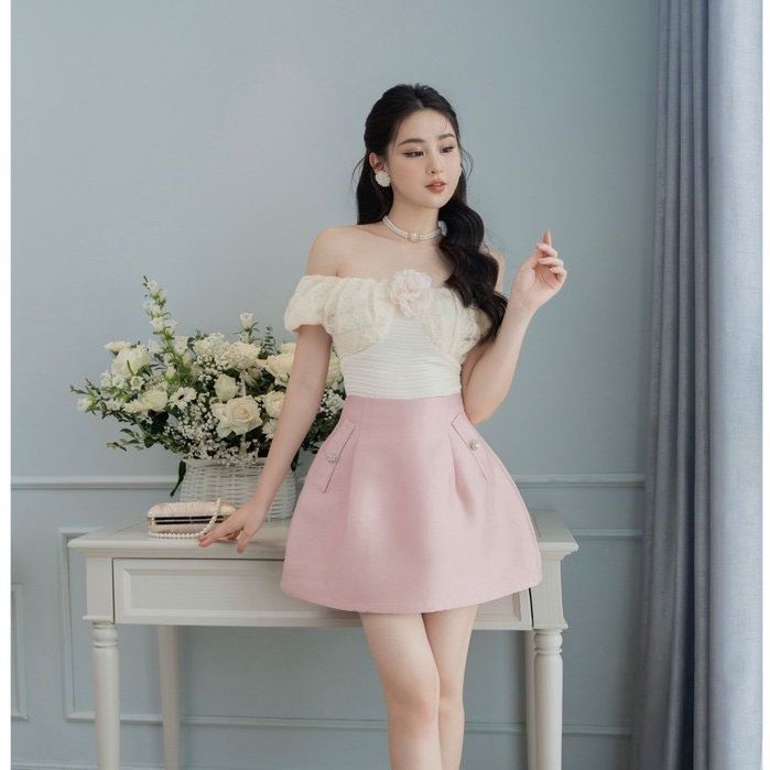 Chân váy cạp cao tafta cạp cao đính đá thiết kế màu trắng hồng DELIZ STUDIO | BigBuy360 - bigbuy360.vn