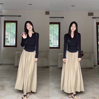 Set áo zip cổ u tay dài mix chân váy đũi dáng dài