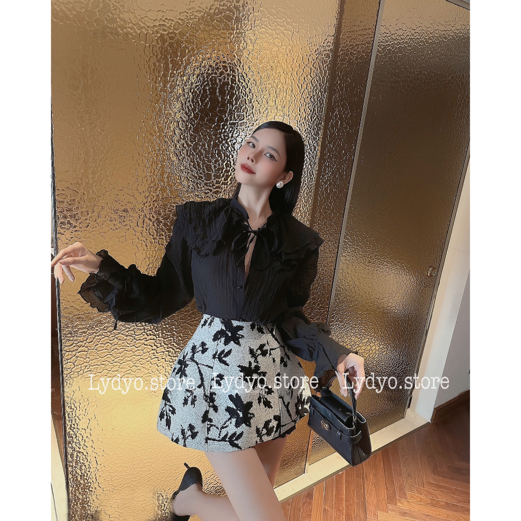 Set váy gấm thêu phối áo sơ mi đen voan tơ dài tay, chân váy ngắn chữ A công sở cao cấp thiết kế sang chảnh thu đông