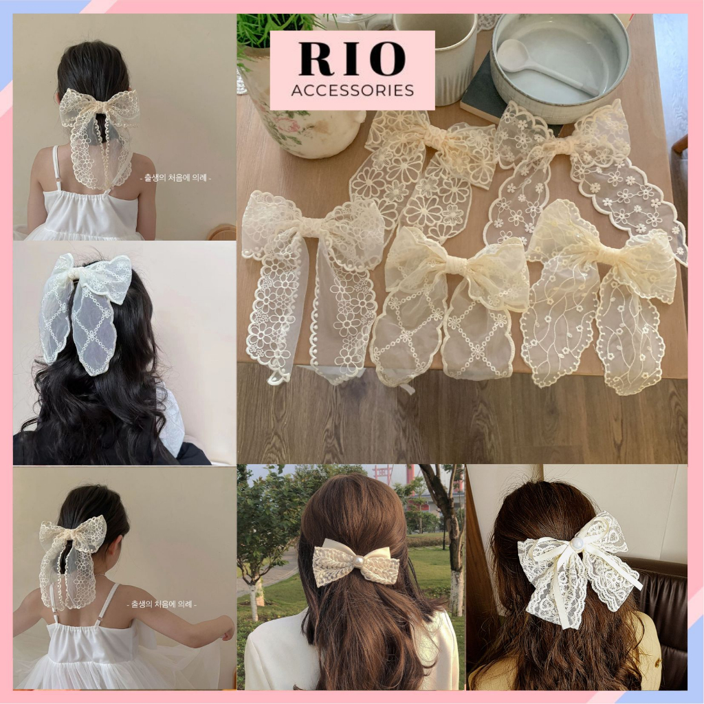 Kẹp Tóc Nơ Ren Tiểu Thư Trắng Kem Phong Cách Vintage Hàn Quốc KRT