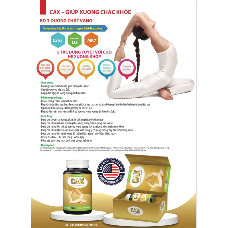 CAX HEALTHY BONE SUPPORT - Giúp xương chắc khoẻ, Giúp giảm nguy cơ loãng xương do thiếu Calci