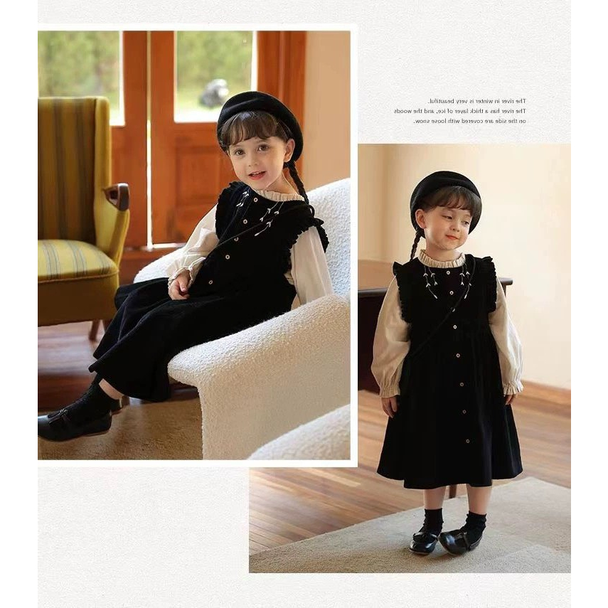 Set váy bé gái thiết kế mùa Thu phong cách vintage xinh xắn, dễ thương size 10-40kg