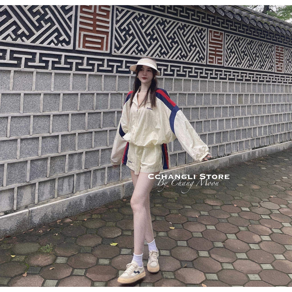 Set áo khoá CELI phối quần short sọc 2 bên genz vải gió nhăn quần 2 lớp siêu đẹp freesize nhỏ hơn 60kg COLLAR