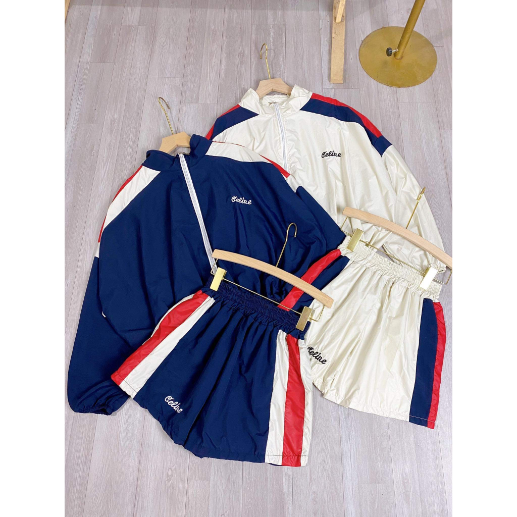 Set áo khoá CELI phối quần short sọc 2 bên genz vải gió nhăn quần 2 lớp siêu đẹp freesize nhỏ hơn 60kg COLLAR