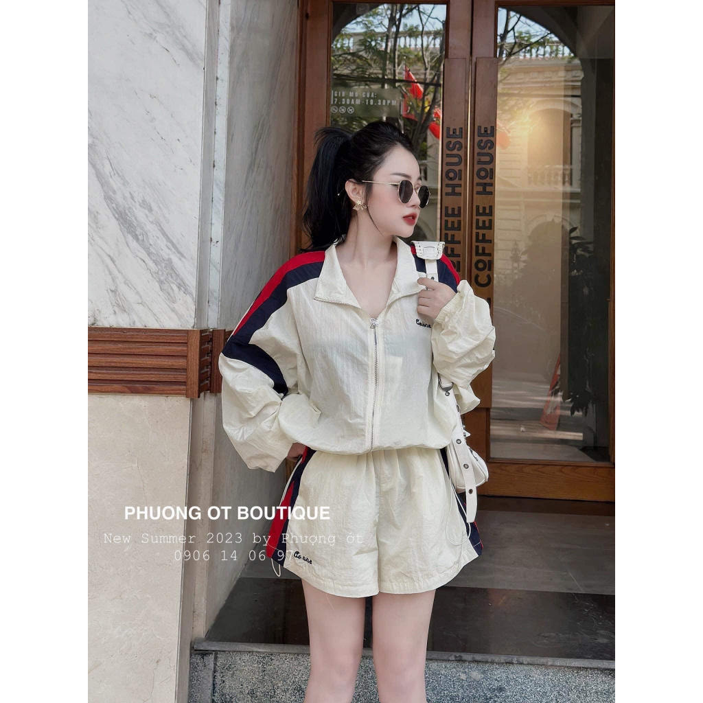 Set áo khoá CELI phối quần short sọc 2 bên genz vải gió nhăn quần 2 lớp siêu đẹp freesize nhỏ hơn 60kg COLLAR