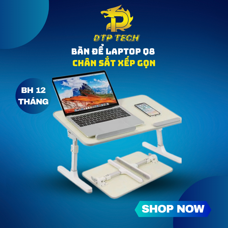 Bàn Để Laptop Q8 chân sắt xếp gọn, mặt gỗ cao su ghép sơn bóng đẹp