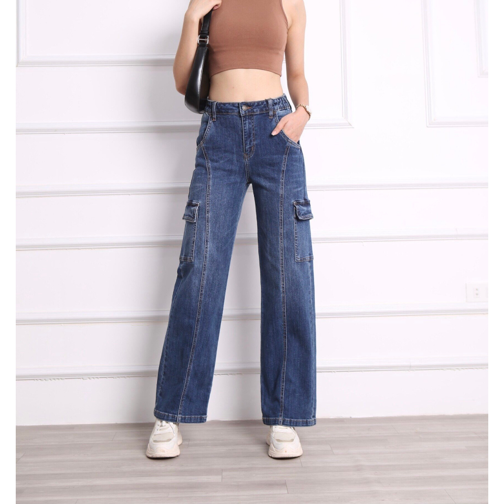 Quần jean ống rộng nữ túi hộp sành điệu chất liệu co giãn 4 chiều năng động cá tính CT JEANS