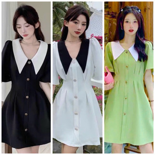 Đầm váy công sở đen cổ trắng nút trước (kèm hình thật)