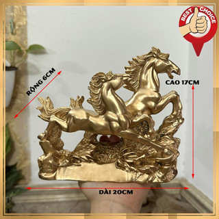 Tượng đá song mã phong thủy để bàn làm việc - Trang trí phong thủy - Dài 20cm - Màu nhũ đồng