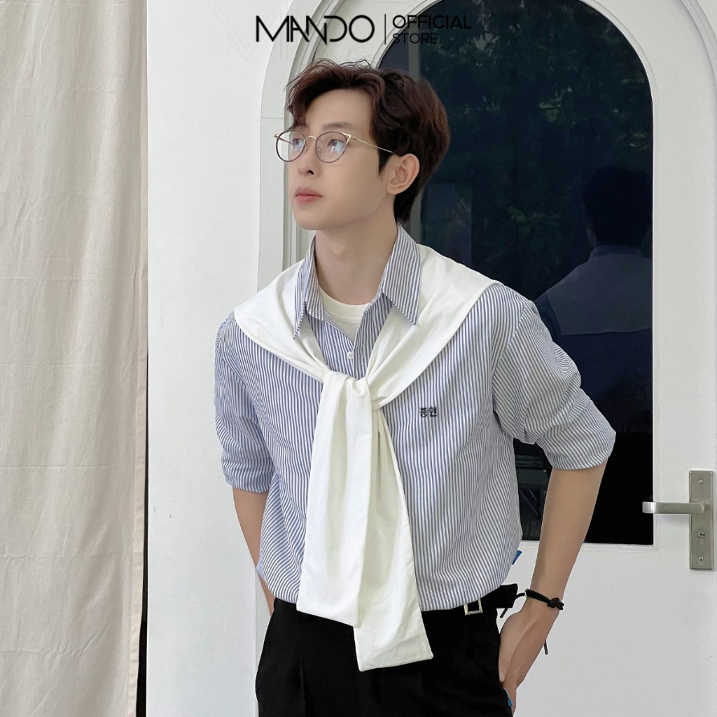 Áo Sơ Mi Nam Hàn Quốc Kẻ Sọc Thương Hiệu MANDO,Áo Sơ Mi Form Rộng Dài Tay Chất Liệu Cotton Thoáng Mát -SHT027