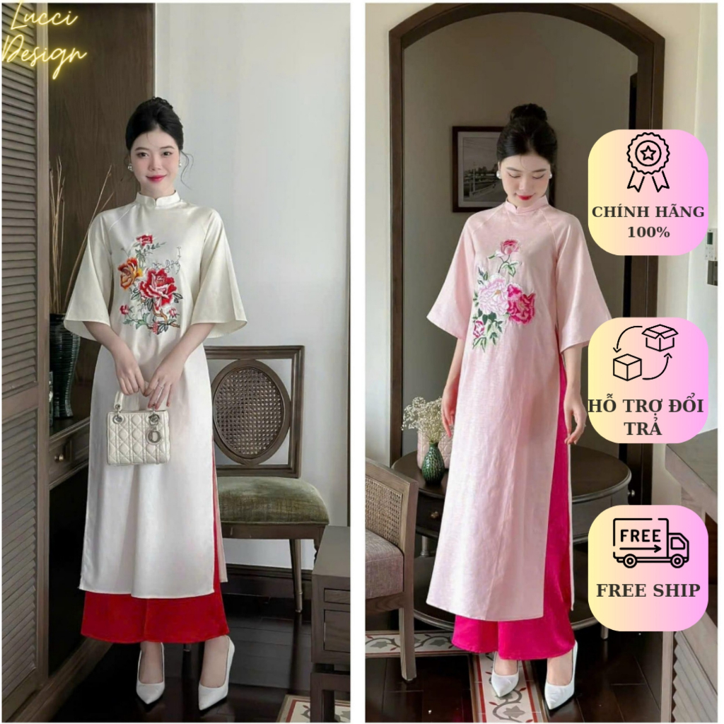 Áo dài cách tân vải Linen họa tiết thêu tay thiết kế by Lucci.design