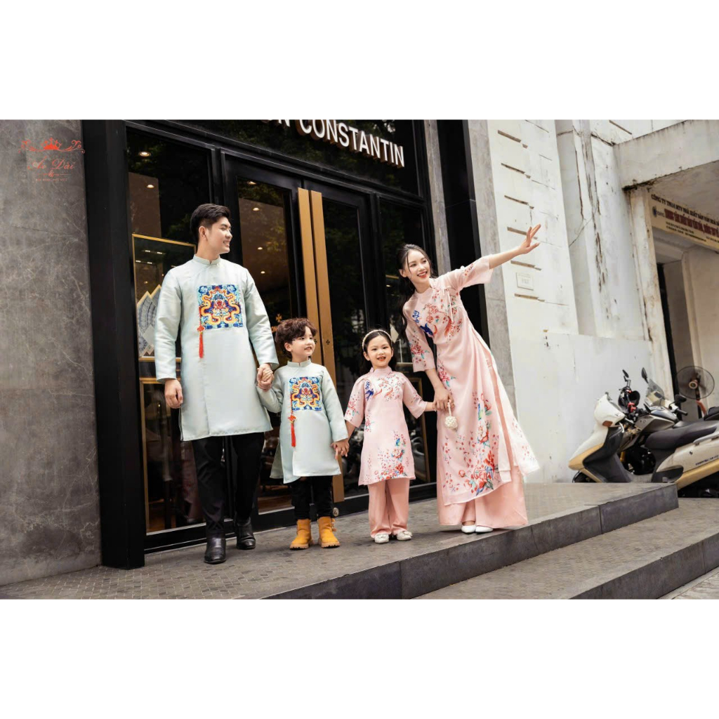 Áo dài cách tân mẹ bé vải tơ Ngọc Trai 4 tà hoạ tiết in 3D siêu xinh