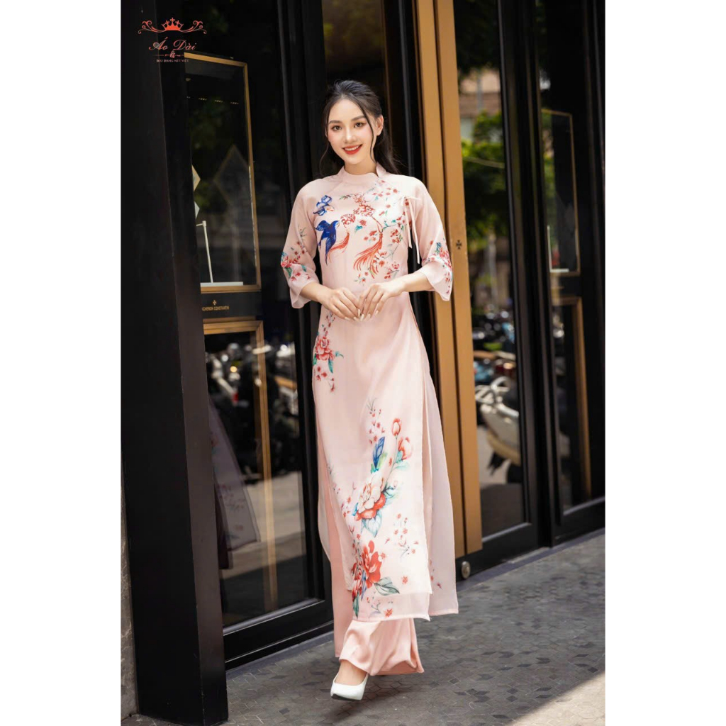 Áo dài cách tân mẹ bé vải tơ Ngọc Trai 4 tà hoạ tiết in 3D siêu xinh