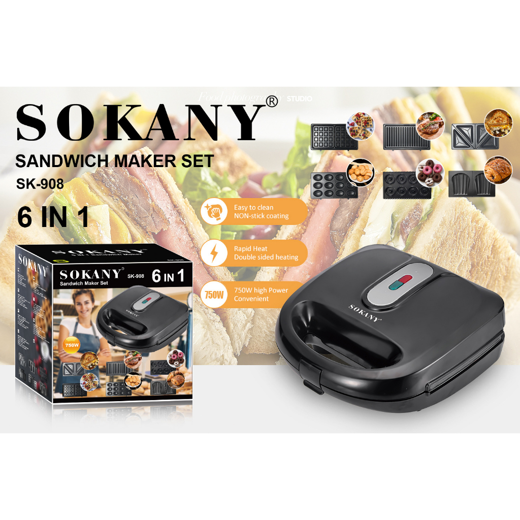 Máy làm bánh đa năng 6in1 bánh cuộn, bánh donut, bánh waffle, sandwich, chiên ép bánh mỳ Sokany 908