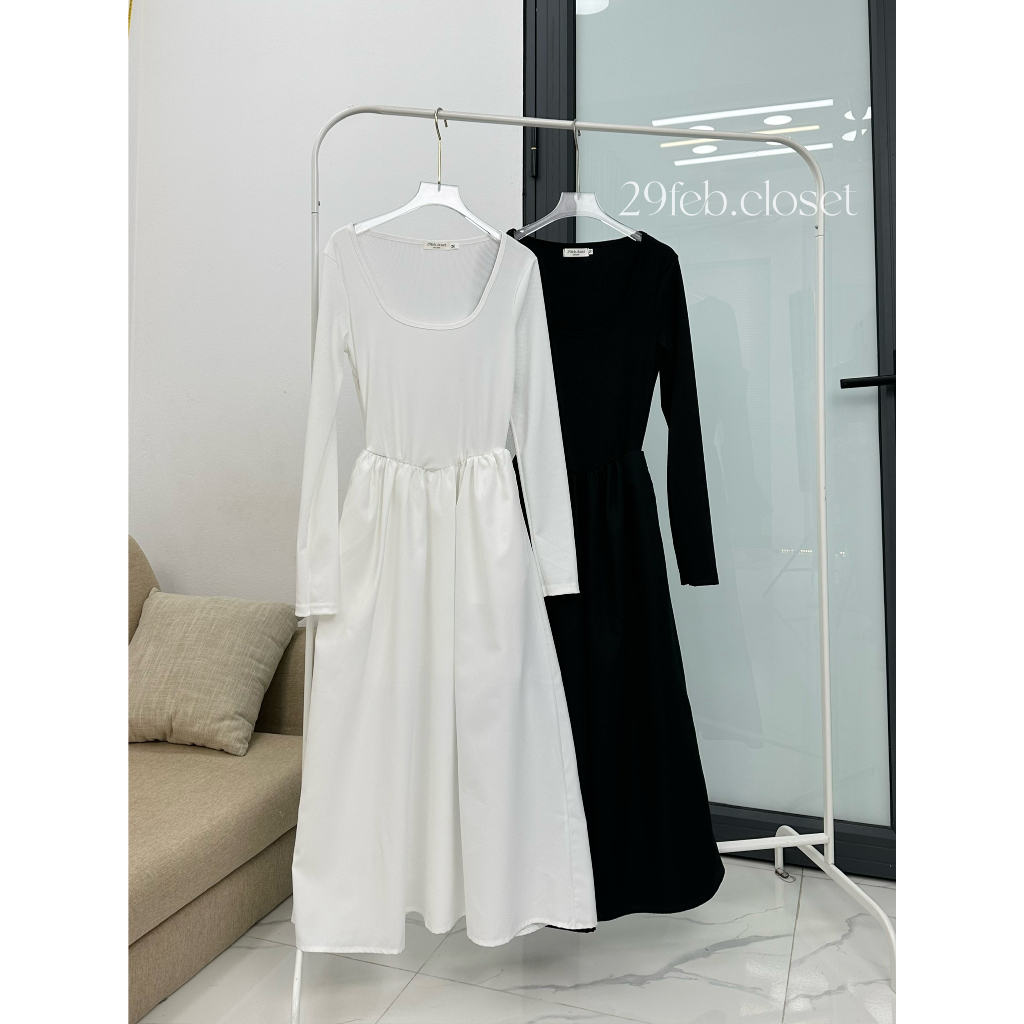 Váy xinh dài tay chất thun tăm phối thô mềm 29feb.closet dáng xòe dài mùa thu đông - V145