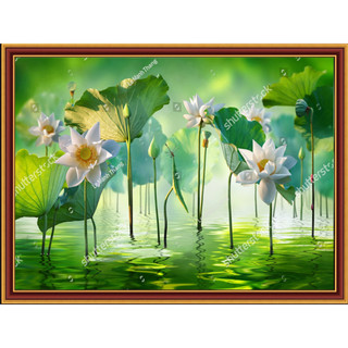 Tranh hoa sen ,tranh dán tường 3d vải lụa trang trí phòng có viền giả khung như hình tặng keo dán