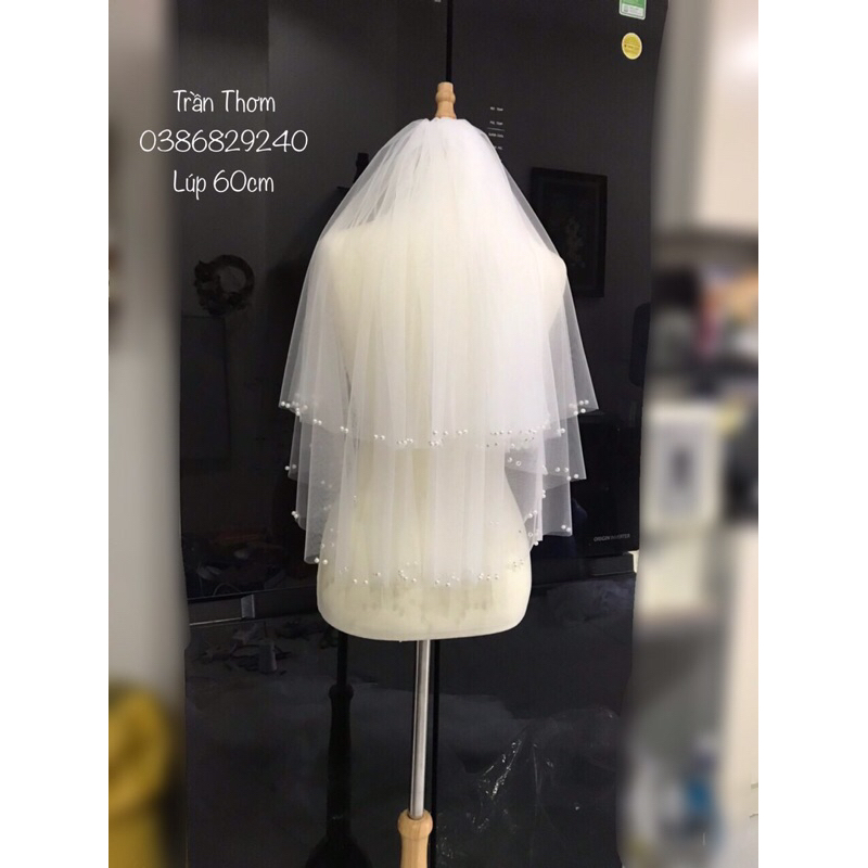 Lúp cô dâu biên đính hạt trai thưa có sẵn lược cài TH14