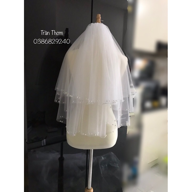 Lúp cô dâu biên đính hạt trai thưa có sẵn lược cài TH14