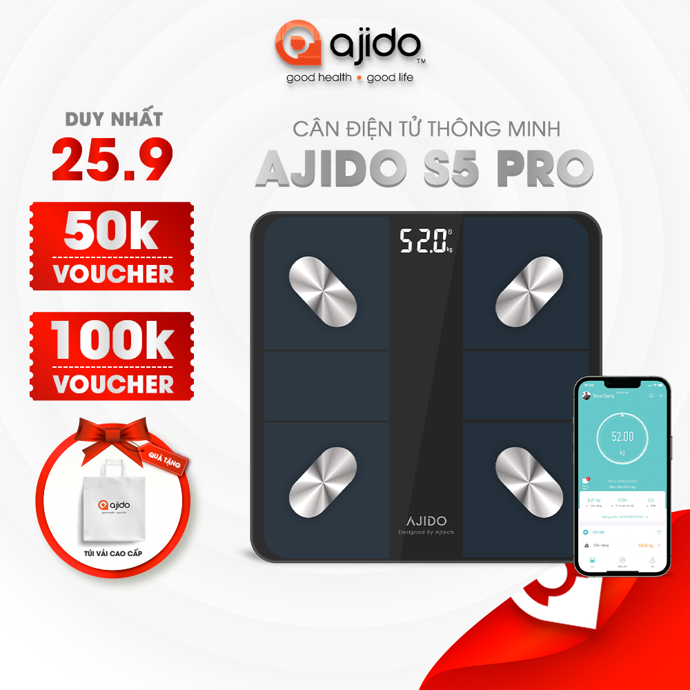 Cân Sức Khoẻ Điện Tử Thông Minh Ajido S5 Pro Kết Nối Bluetooth Phân Tích 20 Chỉ Số Cơ Thể, Set Mục Tiêu, Set Chế Độ Ăn