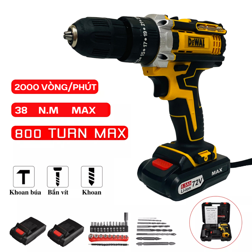Máy khoan pin Dewat 72V - Máy khoan pin 3 chức năng có búa - Tặng kèm bộ phụ kiện 24 chi tiết