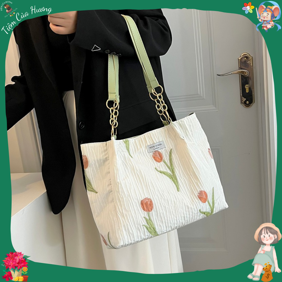 Túi tote đi chơi đi học đi làm dạy học canvas túi đeo vai thêu hoa ly dung tích lớn mộc mạc dễ phối đồ mang đi mọi nơi