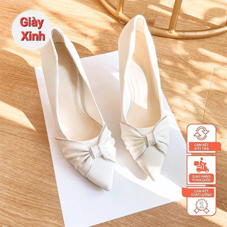 Giày cao gót nữ da mềm gót nhọn bít mũi nơ đá - G108