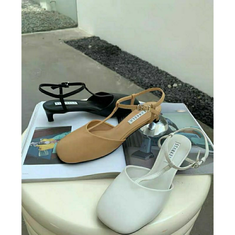 Giày Kela gót nhú da lì bít mũi vuông thon hở gót trắng đen