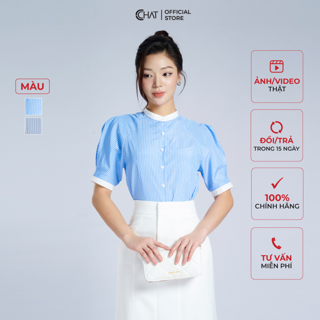 Áo Sơ Mi Nữ 𝐂𝐂𝐇𝐀𝐓 Dáng Suông Họa Tiết Kẻ Phối Chất Thô Cao Cấp 13FNT8010ST