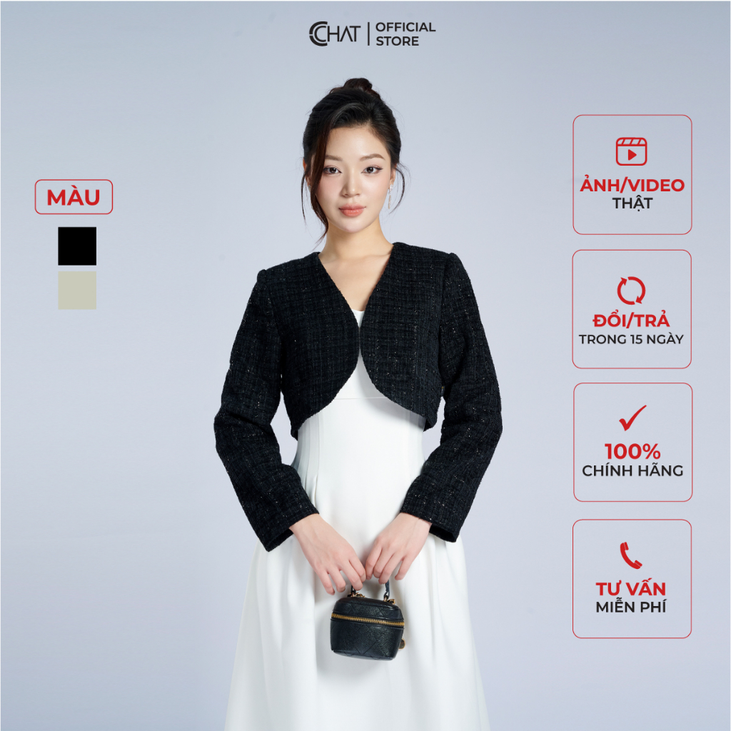 Áo Blazer Nữ 𝐂𝐂𝐇𝐀𝐓 Dáng Suông Croptop Chất Dạ Tweed Cao Cấp Mềm Mịn 23EHZ2006ST