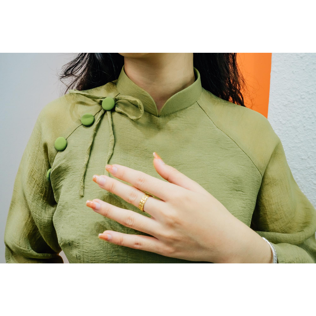 Áo dài lụa xanh thiết kế cao cấp, chất tơ crep sần, 2 lớp bốn tà