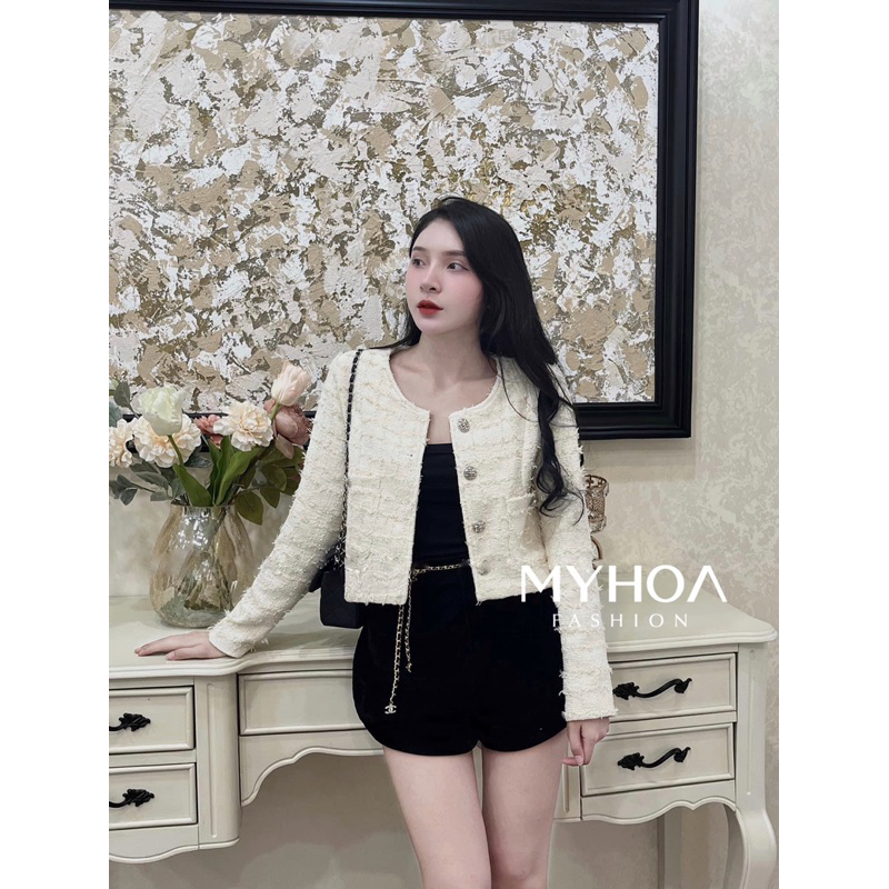 MYHOA| Áo Khoác Dạ Lông Tweed Nữ Khuy Bạc Lấp Lánh QCCC