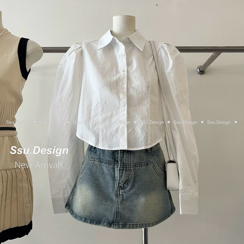 Áo Sơ Mi Trơn Tay Độn Bồng Dáng Lửng Croptop