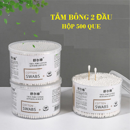 Hộp 500 tăm bông thân gỗ 2 đầu dùng cắt tóc, spa, gia đình