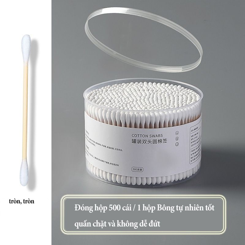 Hộp 500 tăm bông thân gỗ 2 đầu dùng cắt tóc, spa, gia đình
