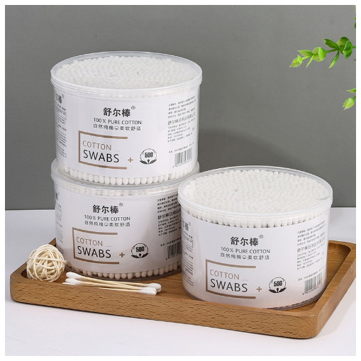 Hộp 500 tăm bông thân gỗ 2 đầu dùng cắt tóc, spa, gia đình