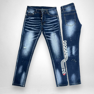 Quần jean bò nam Dsq2 slimfit xanh bạc rách xước nhẹ vảy sơn in chữ Dsquared2 ống 4 cúc boy phố QJ337P