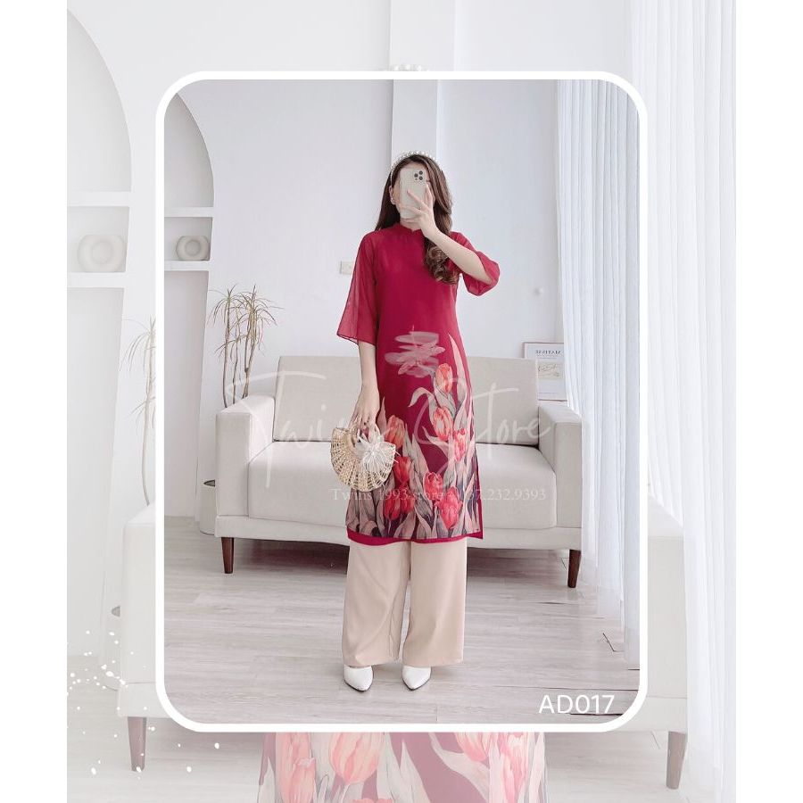 Áo dài cách tân kèm quần, dáng suông in họa tiết, chất tơ mềm mại - AD017