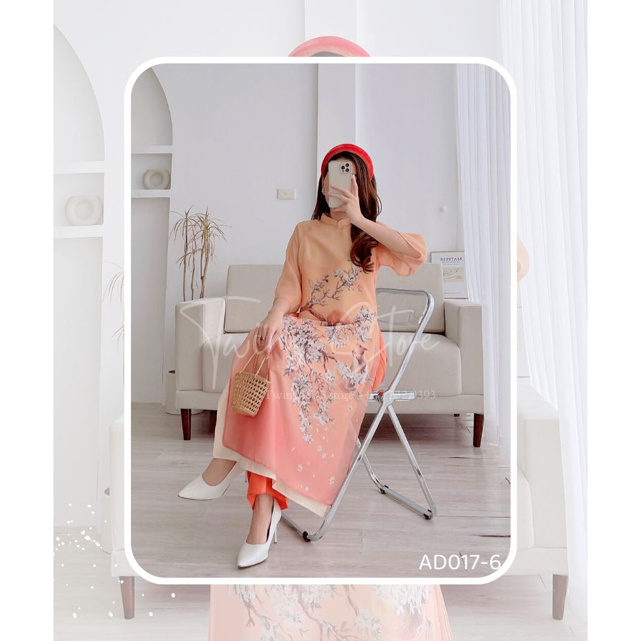 Áo dài cách tân kèm quần, dáng suông in họa tiết, chất tơ mềm mại - AD017