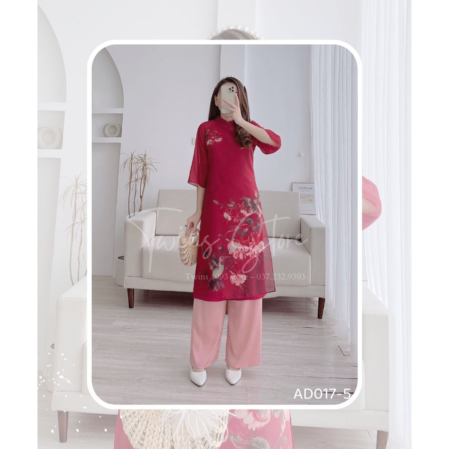 Áo dài cách tân kèm quần, dáng suông in họa tiết, chất tơ mềm mại - AD017