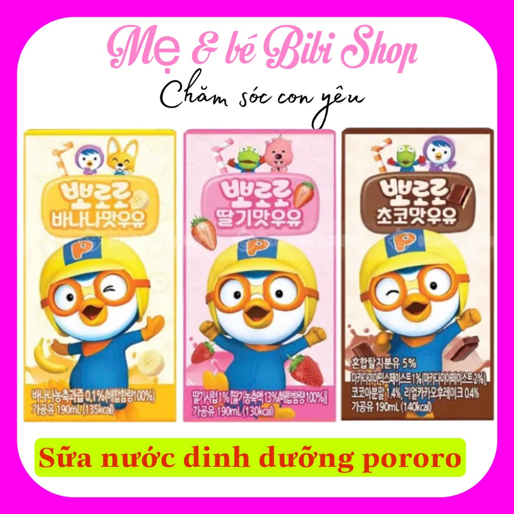 Sữa Dinh Dưỡng Pororo Hàn Quốc Vị Chuối/ Dâu/ Socola Pororo Hộp 190ml