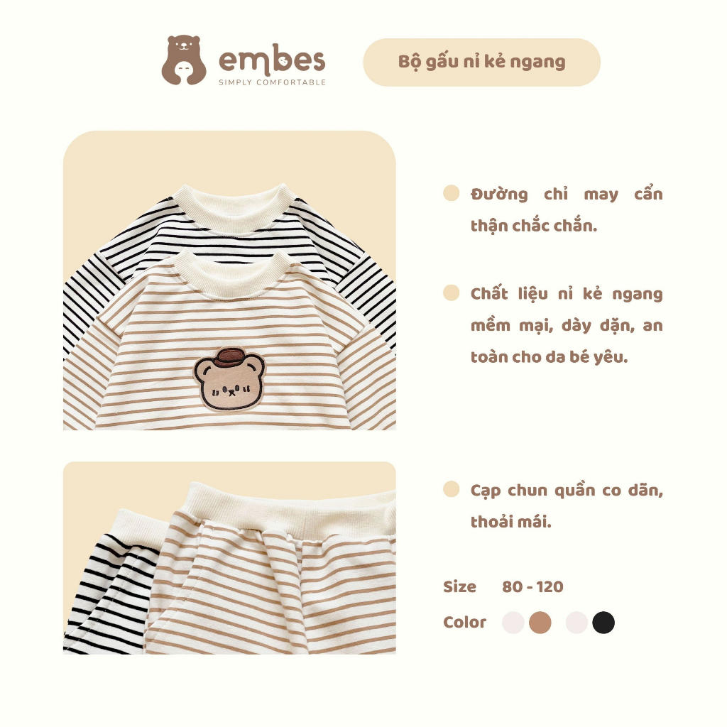 Bộ nỉ dài tay cho bé trai bé gái Embes Việt Nam từ 9-19kg